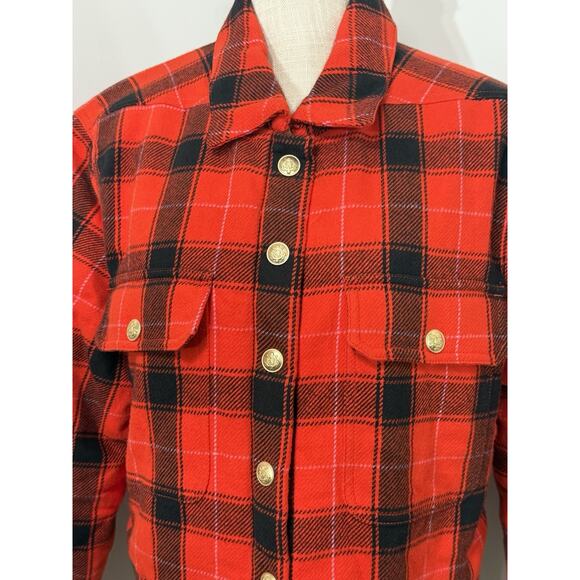 J.Crew Crop Puffer Jacket Red Buffalo Check Plaid Black Western Prep MEDIUM M - Picture 2 of 4